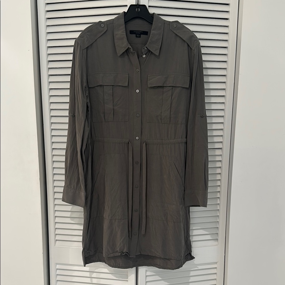 All Saints Olive Green Button-Up Shirt Dress